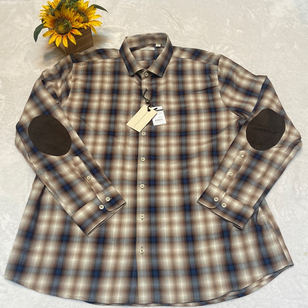 SINGER + SARGENT NWT Plaid Size XL Button Down Shirt Brown Suede Elbow Patches